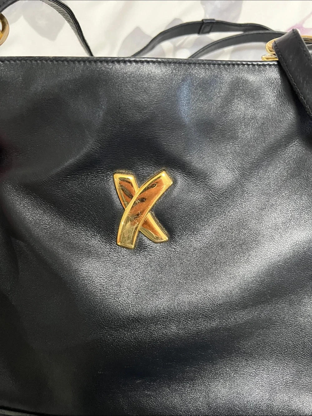 Paloma Picasso Black Leather Shoulder Bag with Gold Accent X Logo